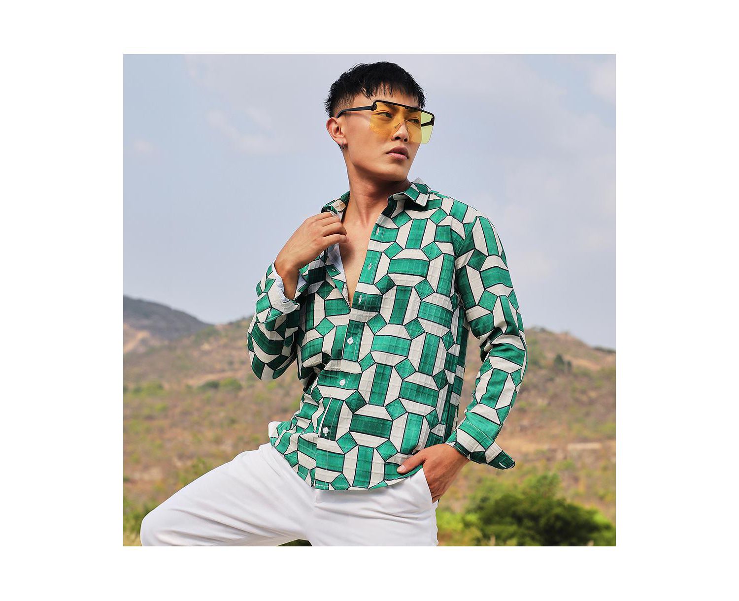 Men's Emerald Green & Ivory White Contrast Block Shirt