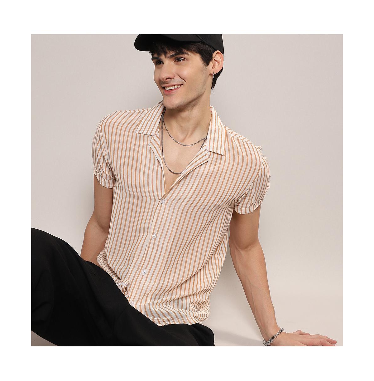 Campus Sutra Men's& Brown Unbalanced Striped Shirt - White