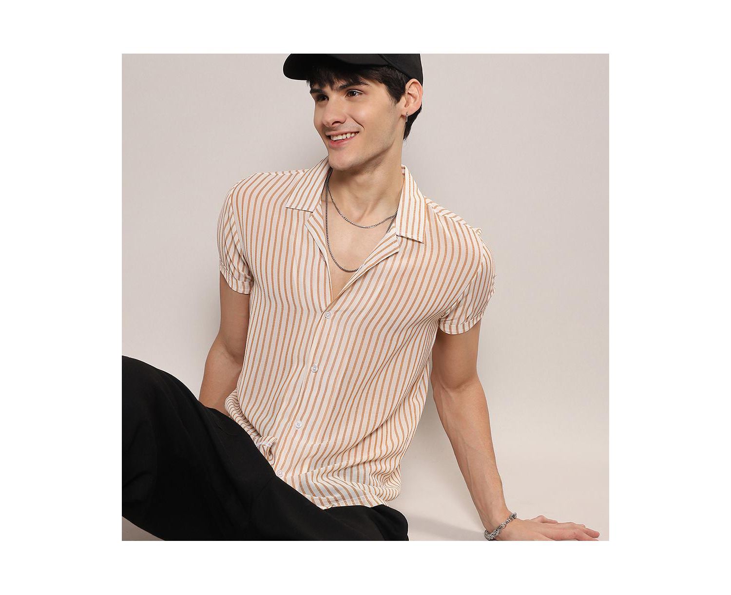 Men's White & Brown Unbalanced Striped Shirt