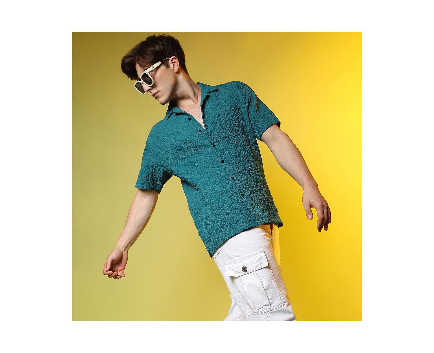 Men's Teal Green Self-Design Creased Striped Shirt