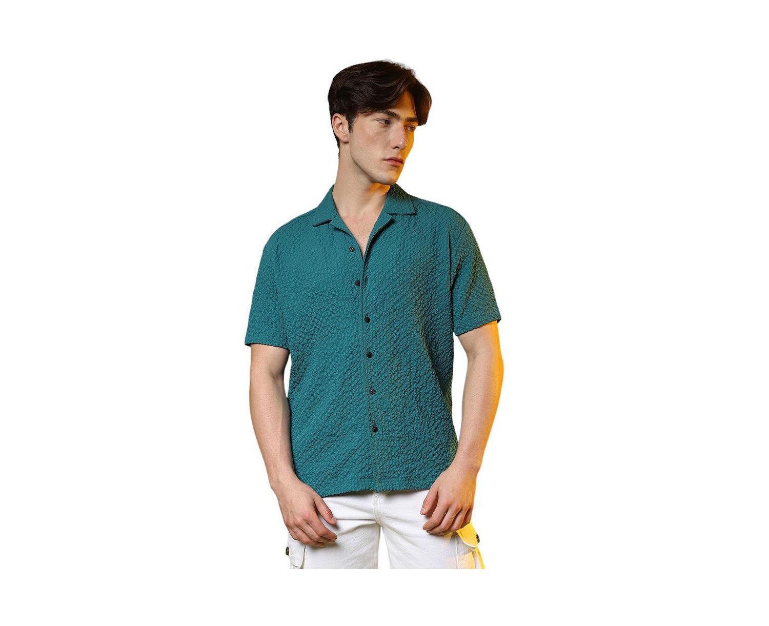 Men's Teal Green Self-Design Creased Striped Shirt