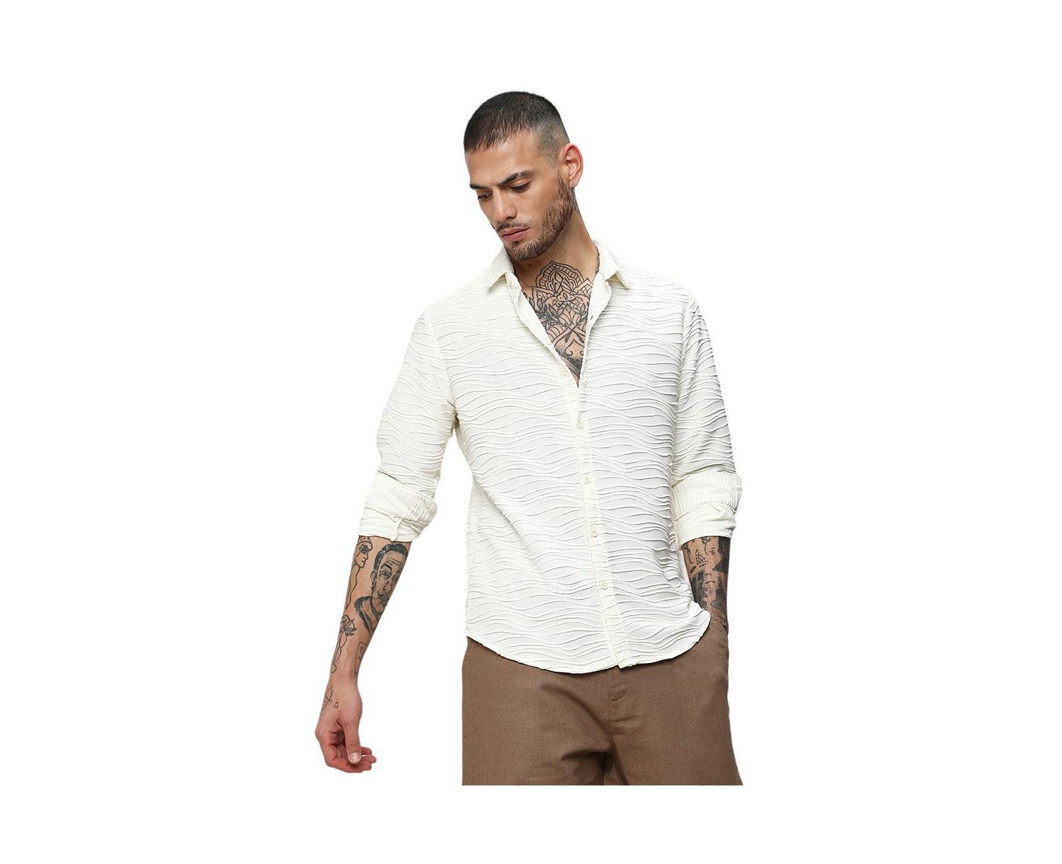 Men's Ivory White Self-Design Wave Shirt