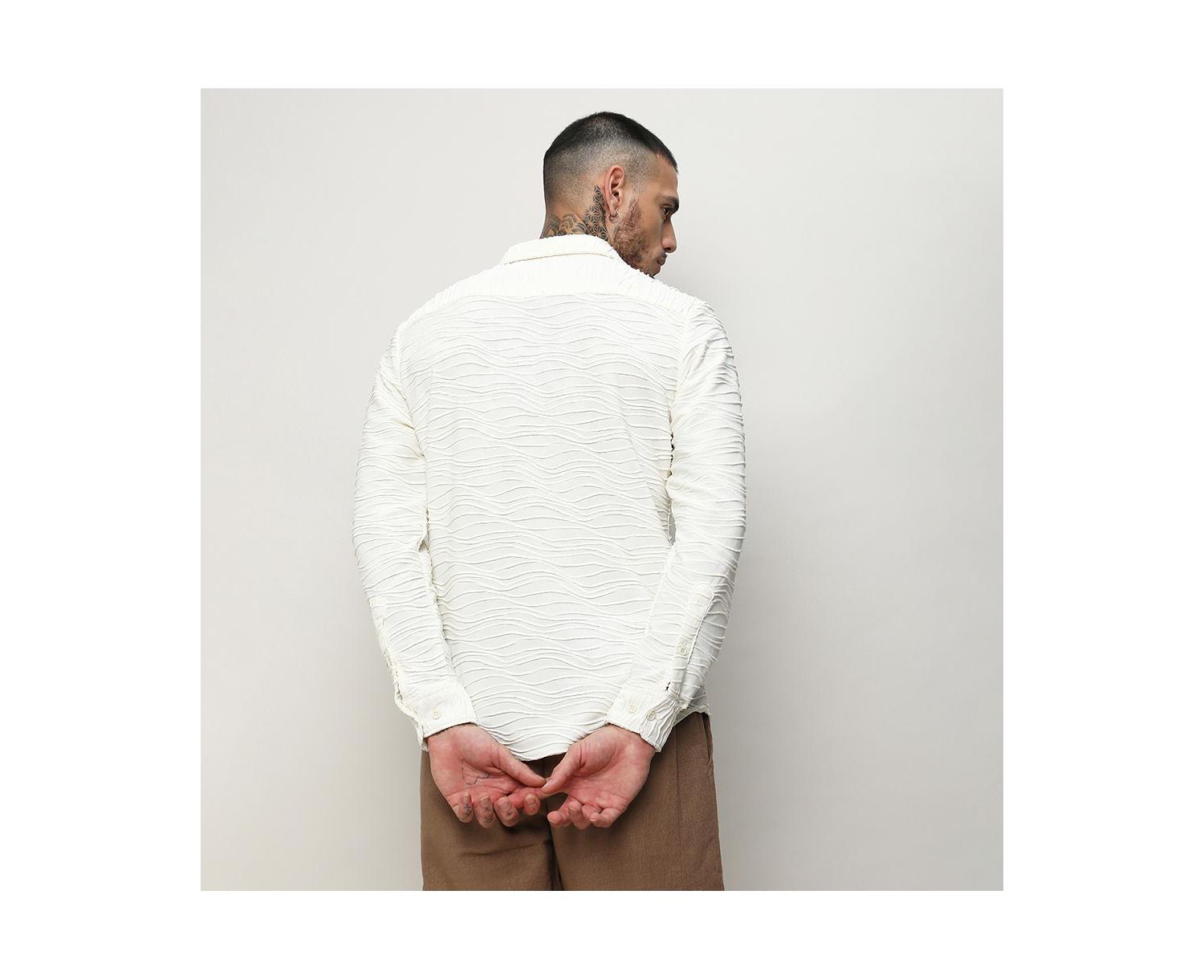 Men's Ivory White Self-Design Wave Shirt