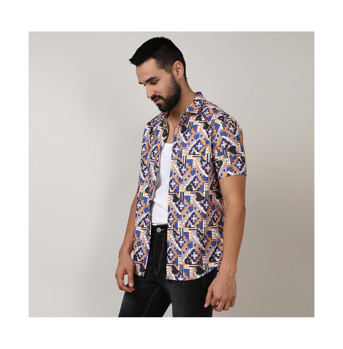 Campus Sutra Men's Sienna Brown & IndigoBohemian Shirt - Blue