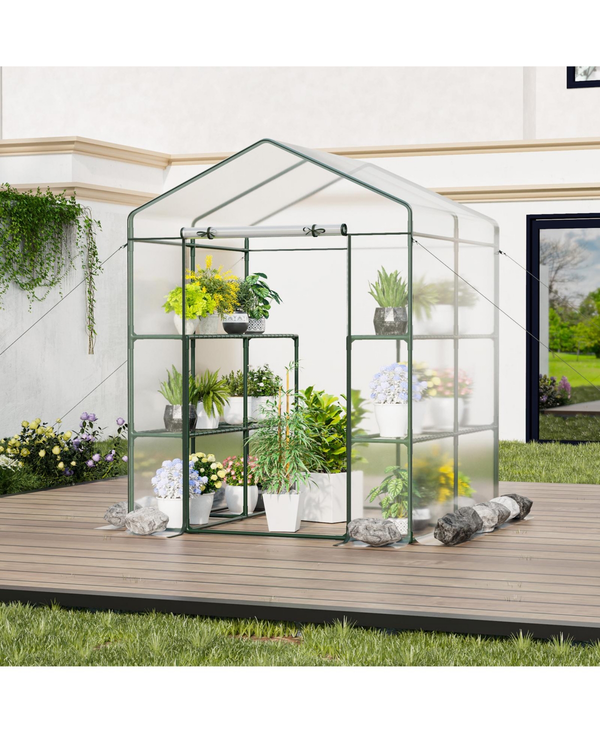 Vebreda Walk-in Greenhouse with 3 Tiers 8 Shelves Pvc Cover Roll-up Zippered Door