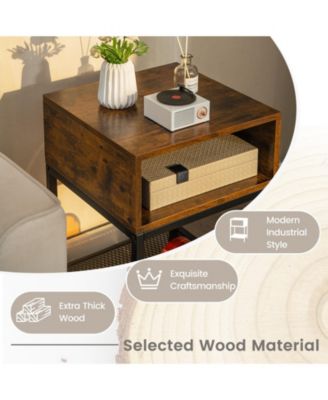 Industrial Nightstand End Side Table with Mesh Shelf