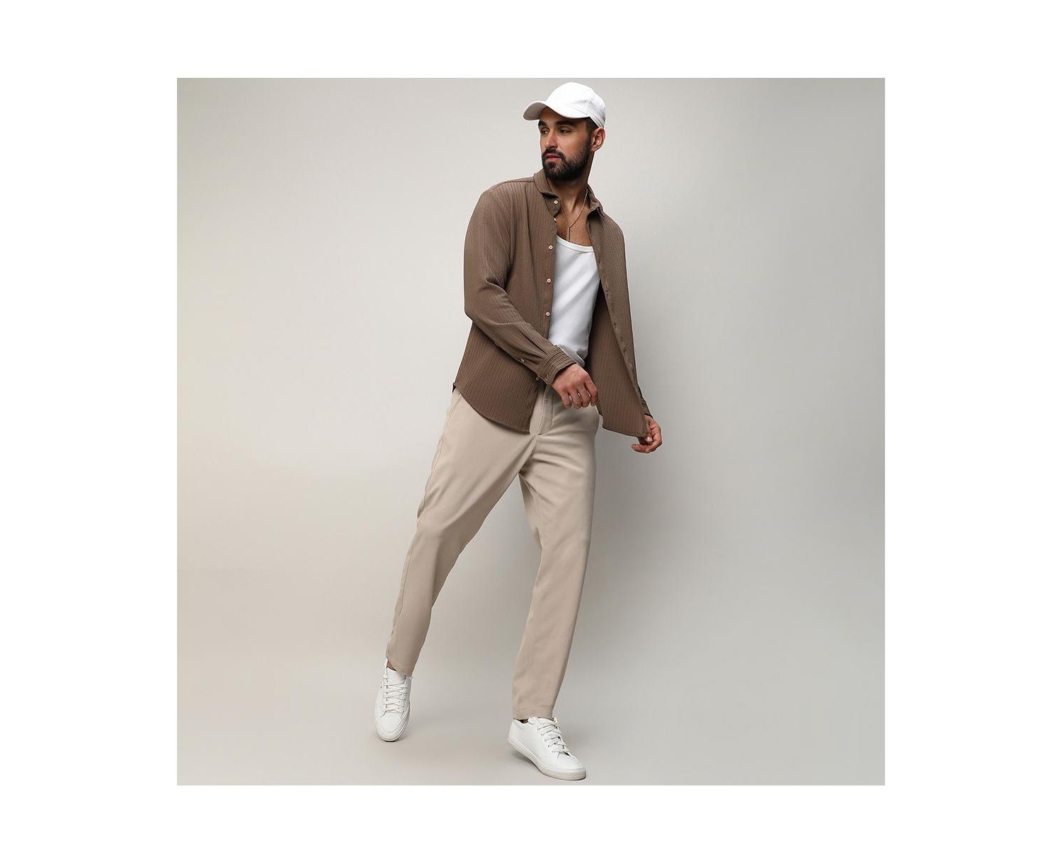 Men's Tan Brown Stripe-Creased Shirt