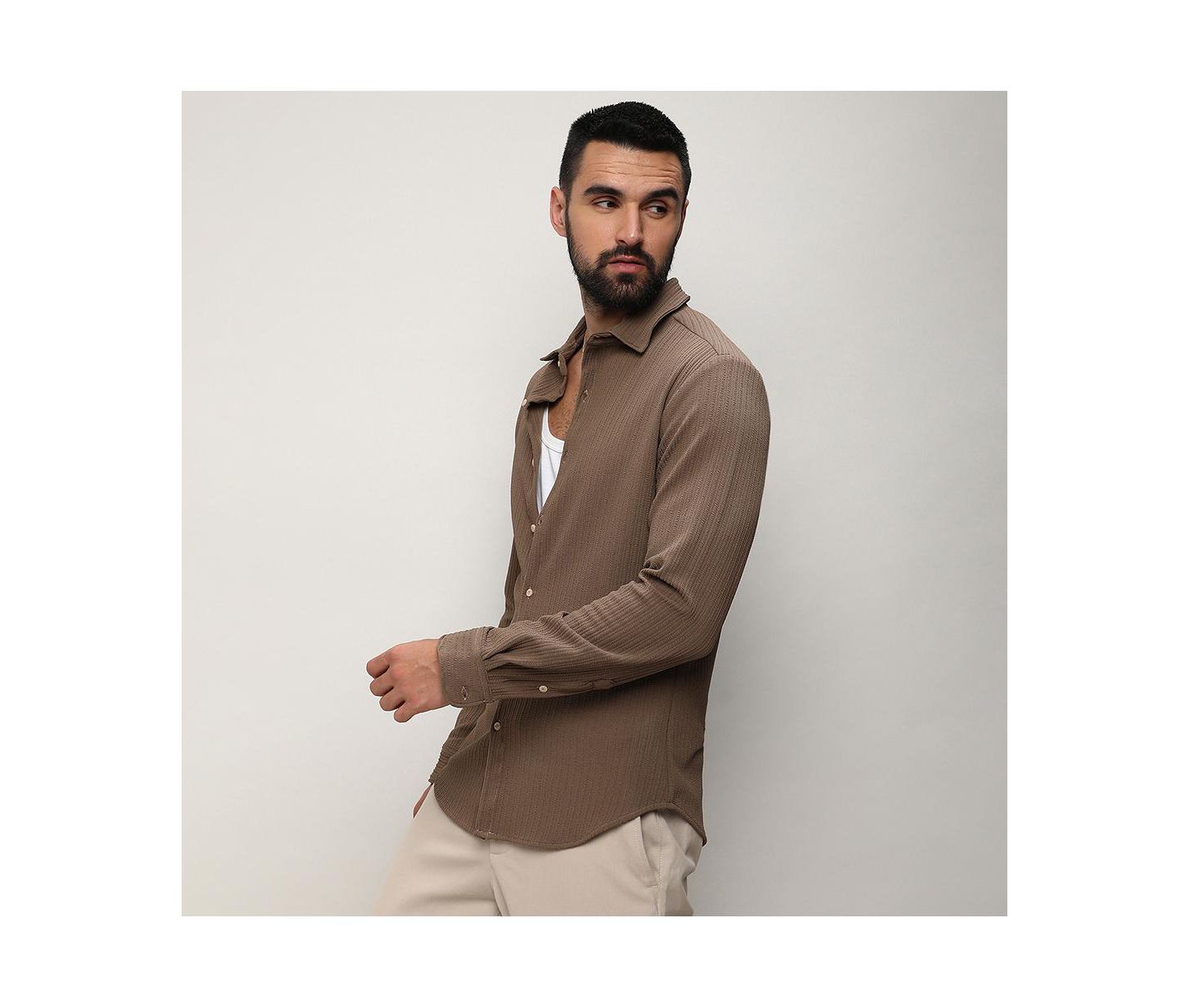 Мужская рубашка Cahoot Campus Sutra Tan Brown Stripe-Creased, цвет: Коричневый — фото 7