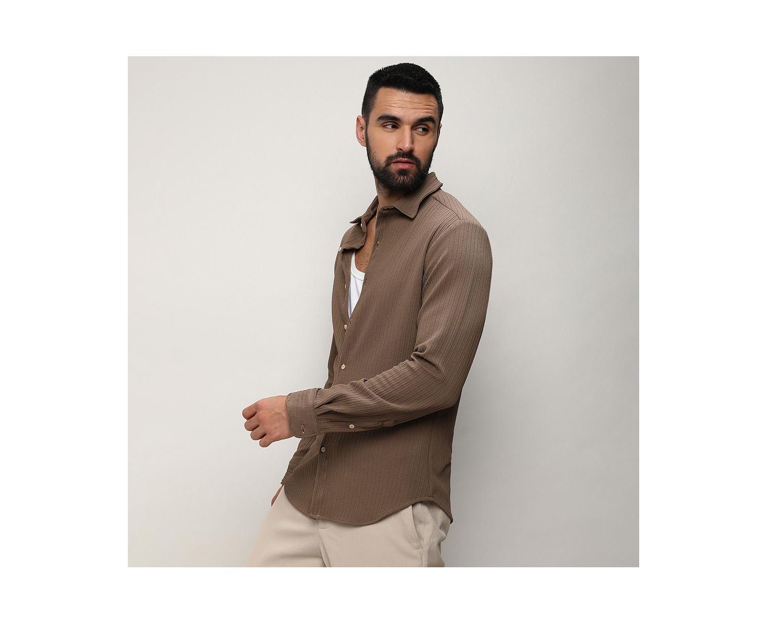 Men's Tan Brown Stripe-Creased Shirt