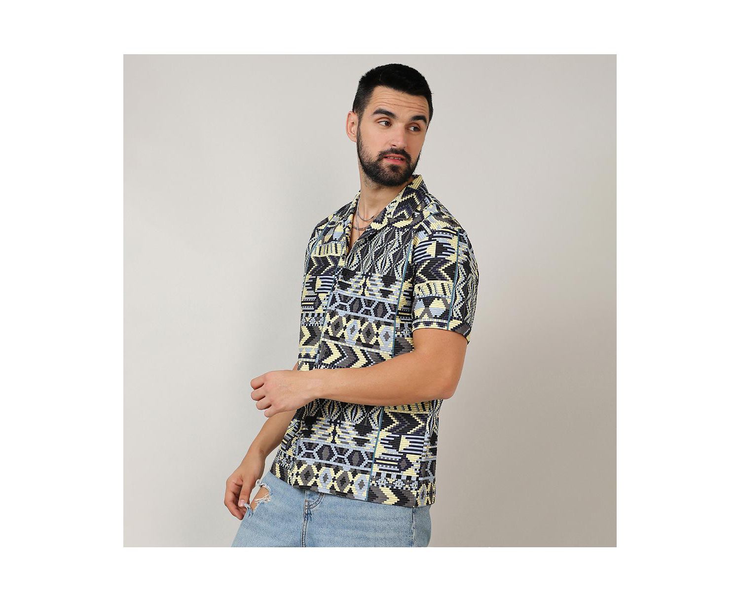 Men's Sky Blue & Lemon Yellow Bohemian Shirt