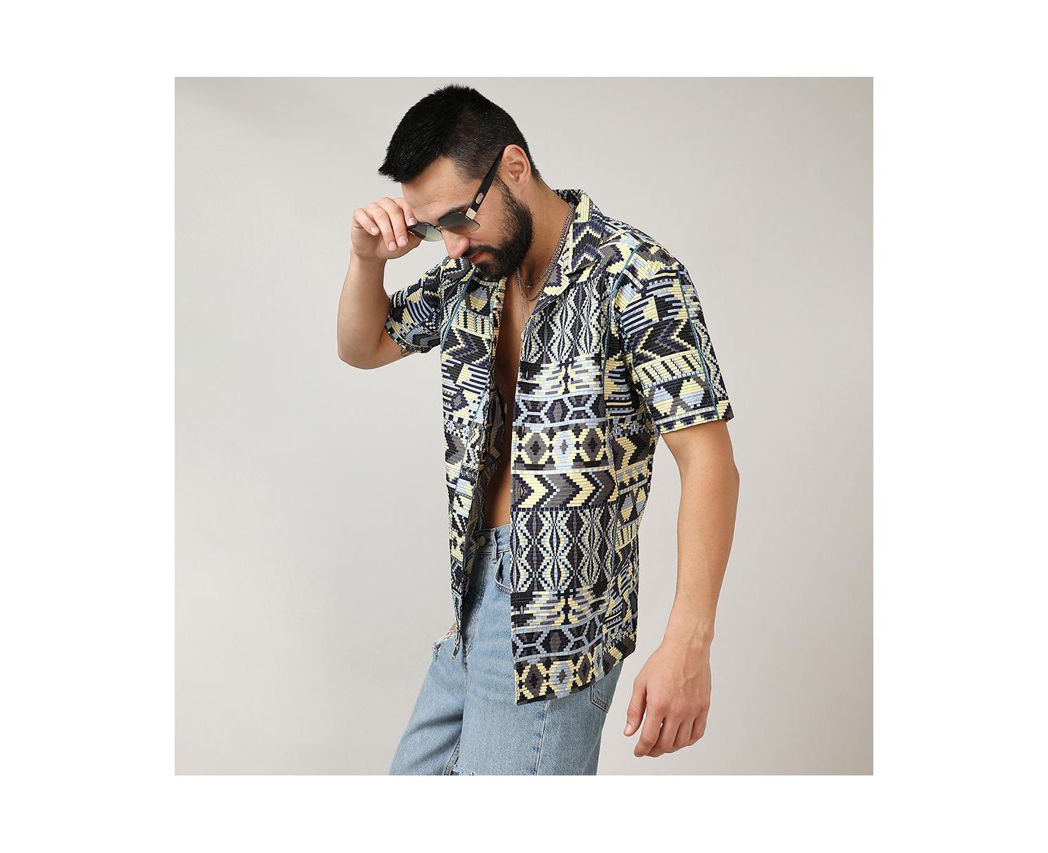 Men's Sky Blue & Lemon Yellow Bohemian Shirt