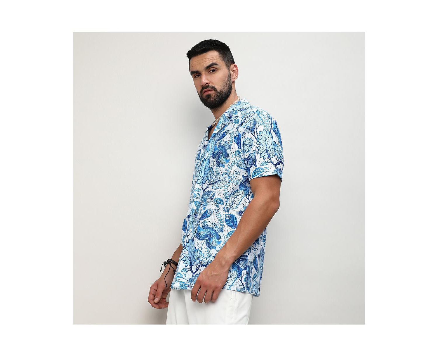 Men's Chalk White:Indigo Blue Mesh Foliage Shirt