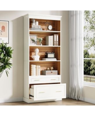 5-Shelf Bookcase with Drawers, 72" Tall White Bookshelf, Modern Free-Standing Wood Bookcase, Large Open Display Storage Book Shelf for Living Room, Home Office