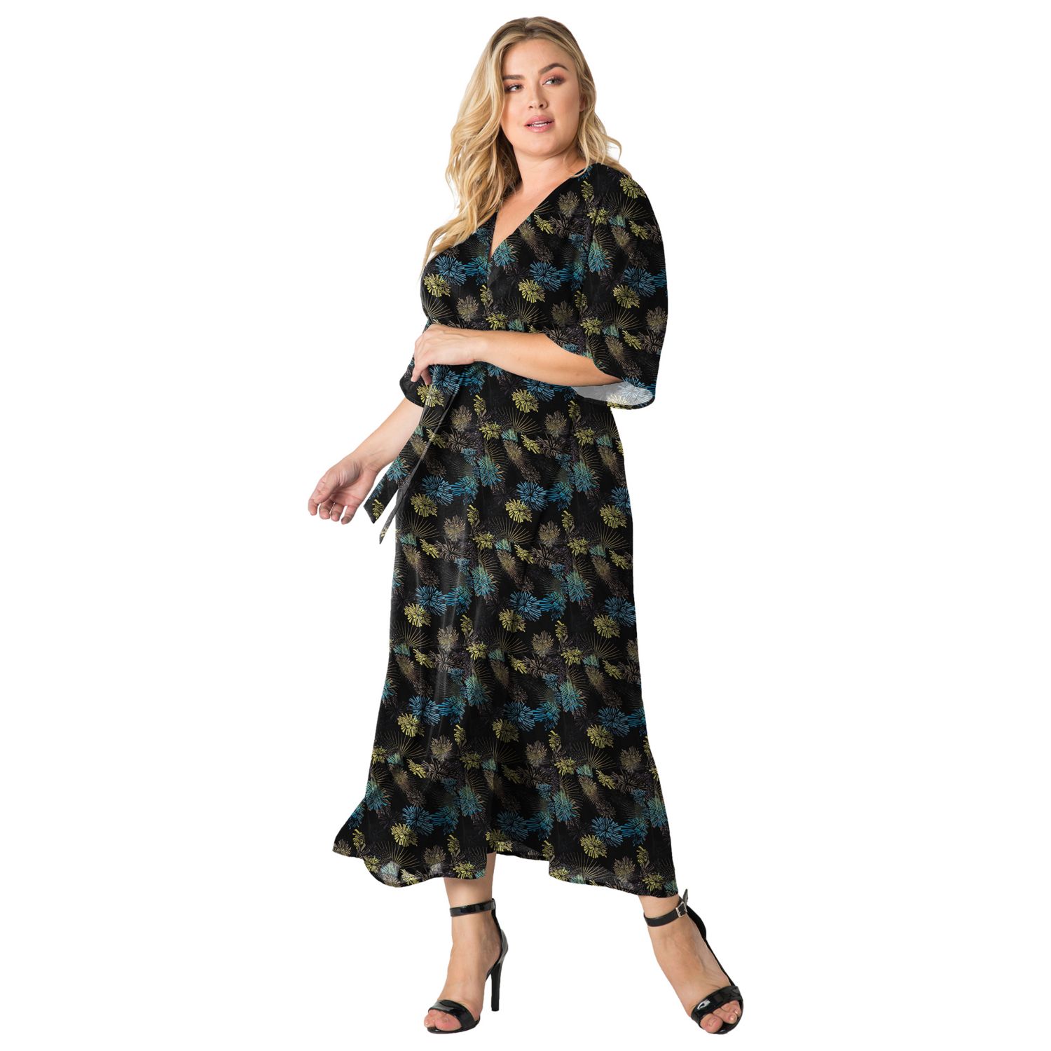 Plus Size V-Neck Print Kimono Wrap Maxi Dress