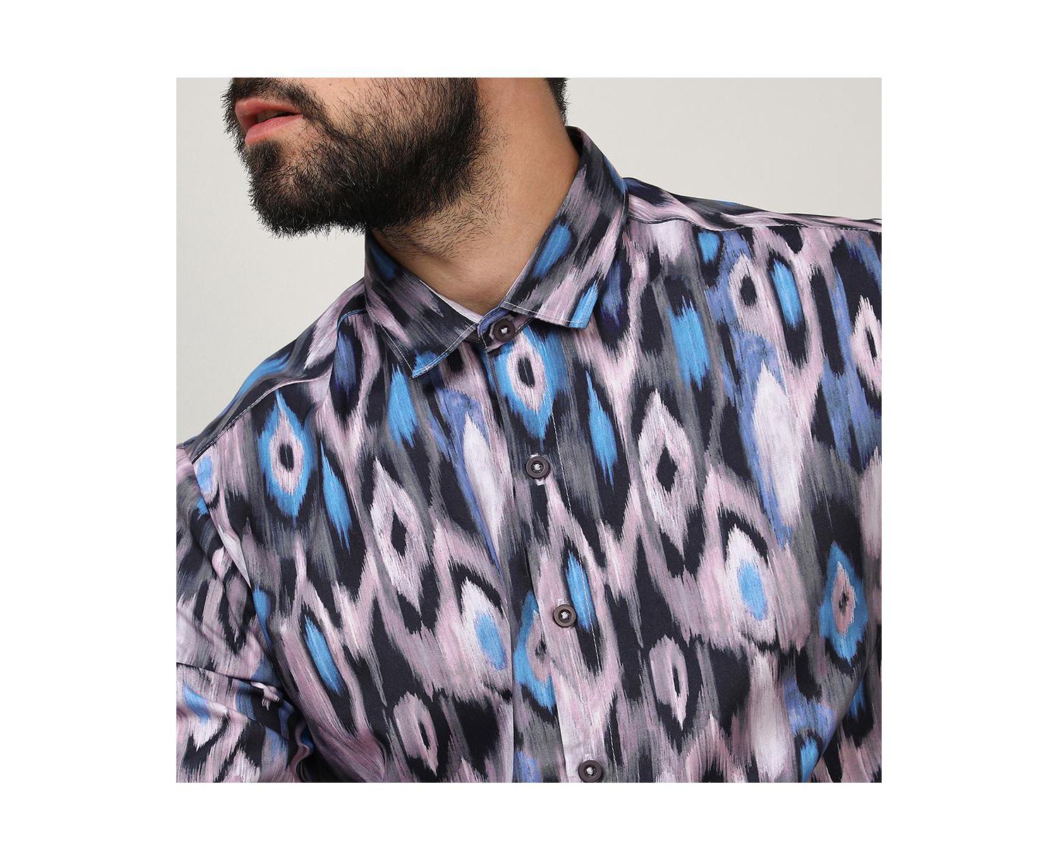 Men's Sky Blue & Moon Grey Ikkat Shirt