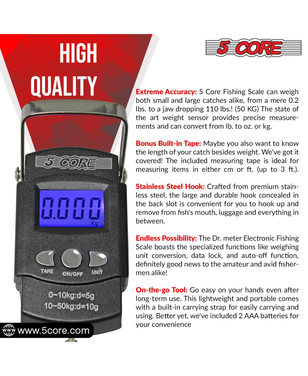 5 Core Fishing Scale 110lb/50kg Hanging Digital Luggage Weighing Scales w Measuring Tape - 2PCS