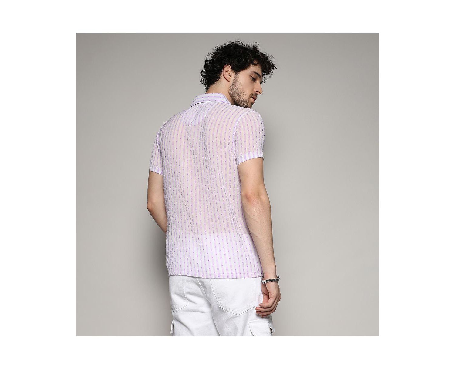 Men's White & Lavender Balanced Striped Shirt