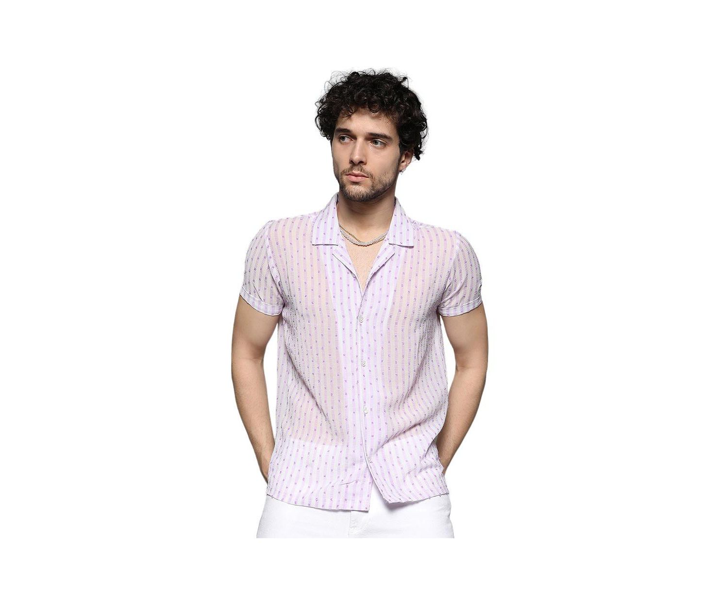 Men's White & Lavender Balanced Striped Shirt