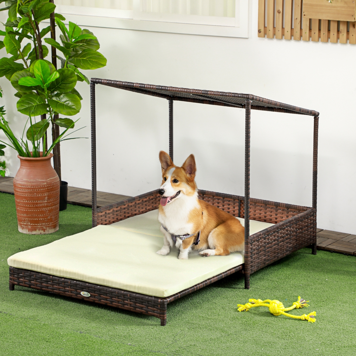PawHut Extendable Outdoor Wicker Dog House W/ Roof for & Dogs - Mixed-brown