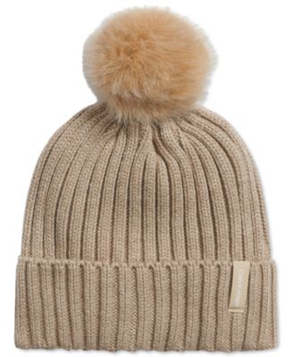 Handknit Chunky Brim Beanie w/Faux Fur cheapest Pom-Gold/Cream