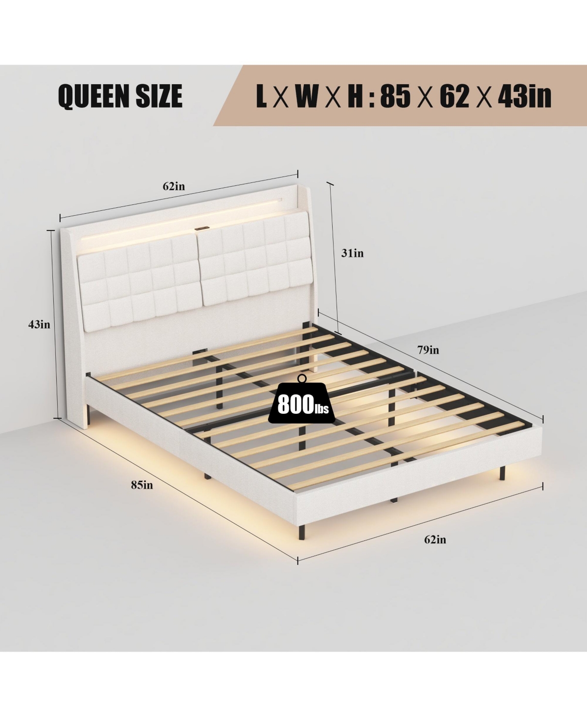 MondaweFloating Bed Frame with Led Light and Charging Station Upholstered Platform - Beige/Khaki