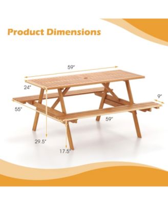 6 Person Picnic Table Set Patio Rectangle with 2 Built-in Benches and Umbrella Hole
