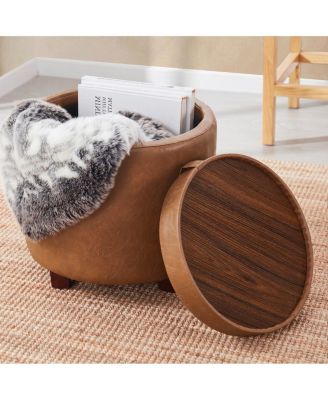 Lawrence Round Faux Leather Storage Ottoman with Table Top Lid
