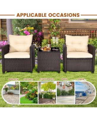 3 Pieces Patio Rattan Furniture Set with Washable Cushions and Tempered Glass Tabletop