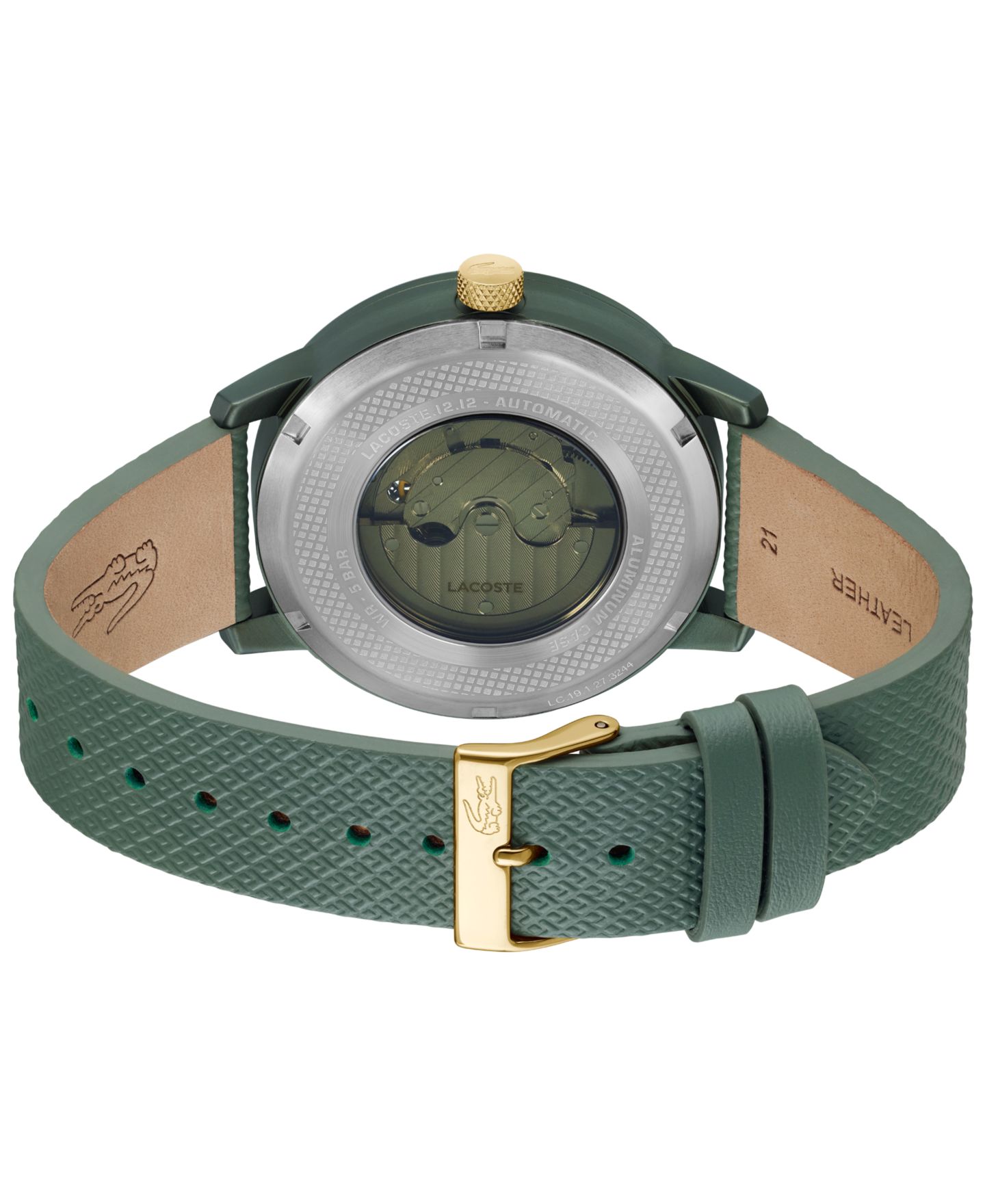 Мужские часы Lacoste L.12.12 Automatique Green Leather Strap Watch 44mm — фото 3