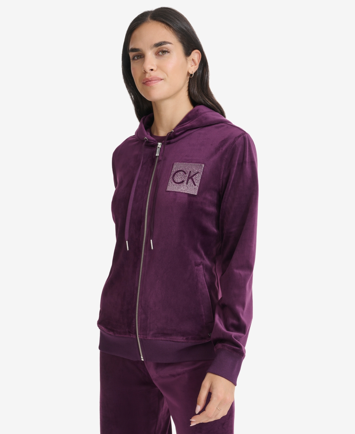Calvin Klein Women's Metallic Logo Velour Zip-Front Hoodie