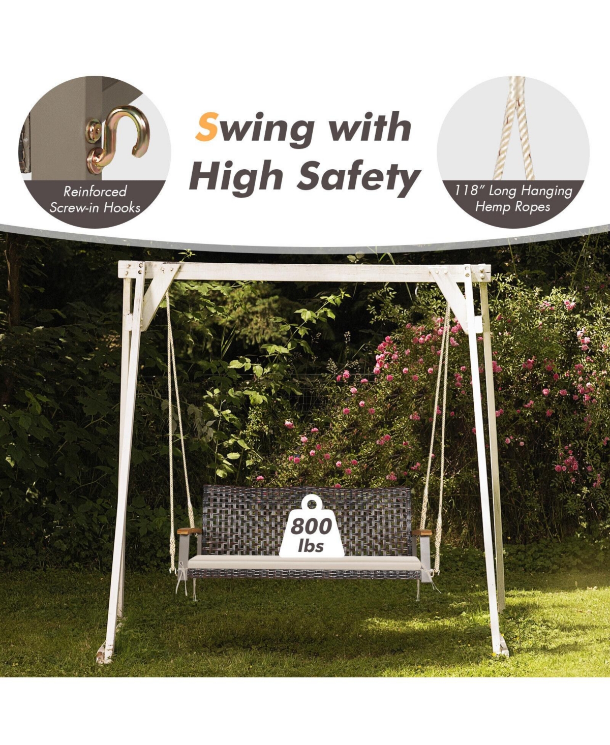 Sugift 2-Person Rattan Hanging Porch Swing Chair