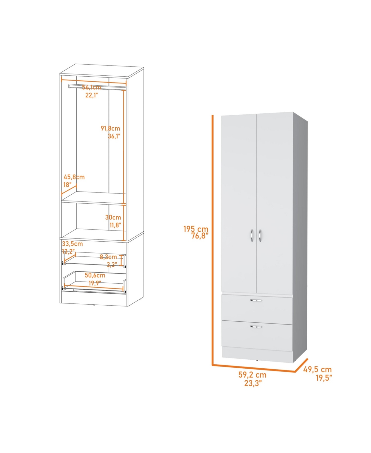 Fm Furniture Tall Mayer Wardrobe in Melamine with Two Doors and Two Drawers