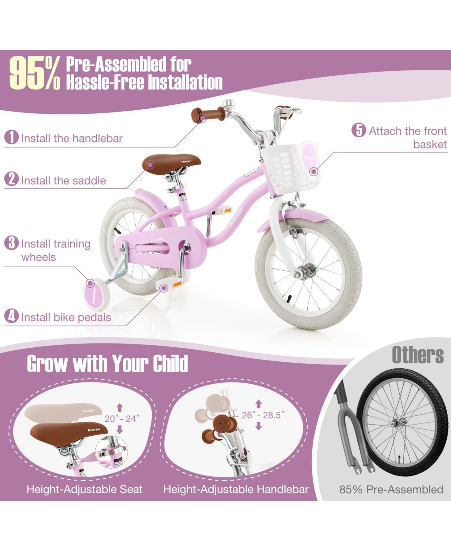 Детская игрушка VEBREDA 18 Inch Kids Bike with Dual Brake System & Training Wheels, Ages 3-8, цвет: Фиолетовый — фото 7