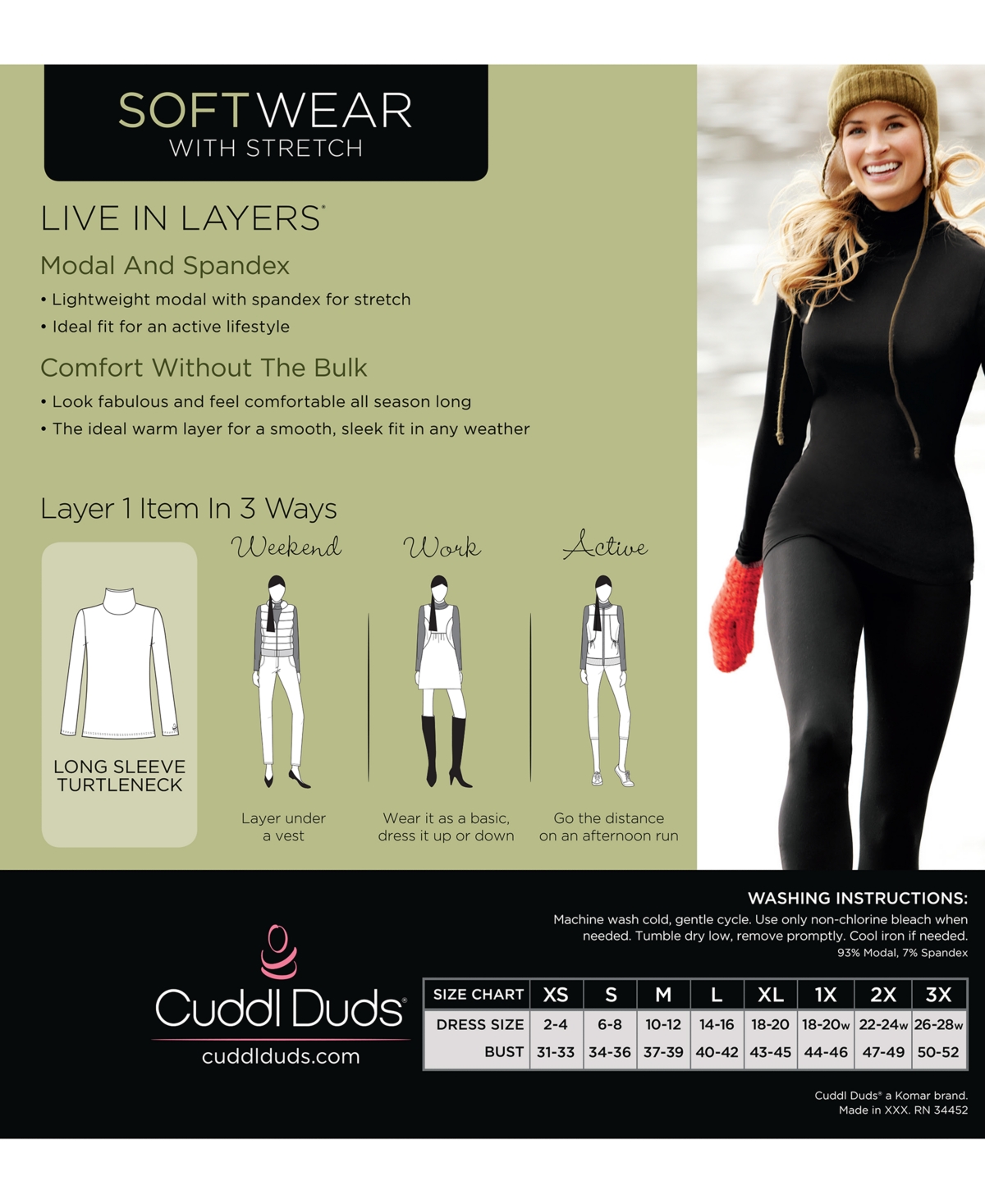 CUDDL DUDS SOFTWEAR LONG-SLEEVE TURTLENECK TOP 