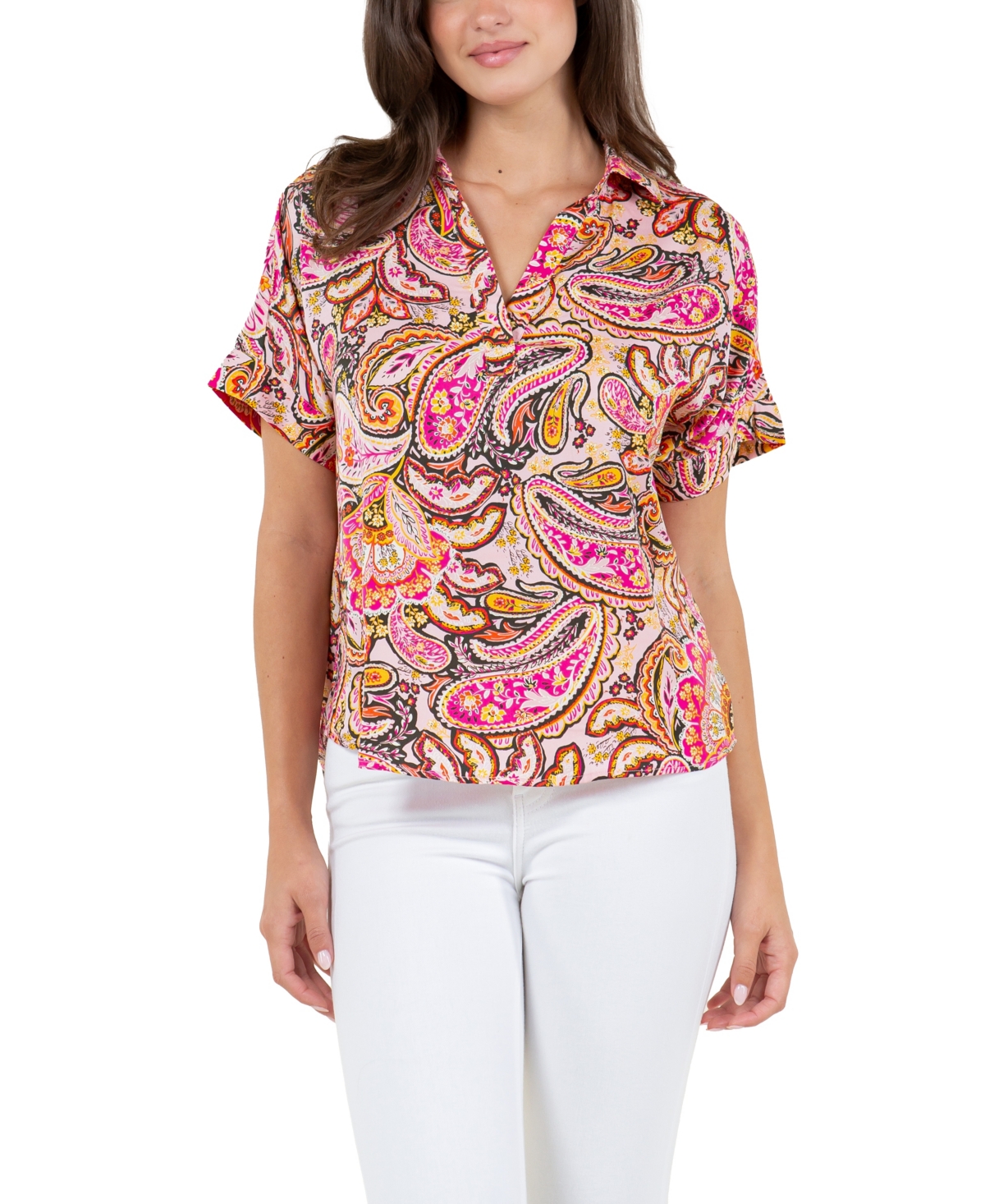 Fever Women's Printed Satin Like Top with Collar