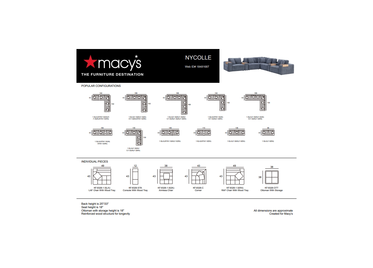 MACY'S NYCOLLE 5-PC. MODULAR FABRIC L-SHAPE SECTIONAL WITH 1 CONSOLE, CREATED FOR MACY'S 