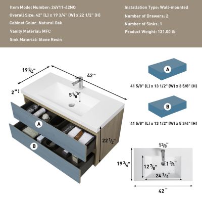 42" Wall-Mounted Vanity with Resin Sink & Drawers