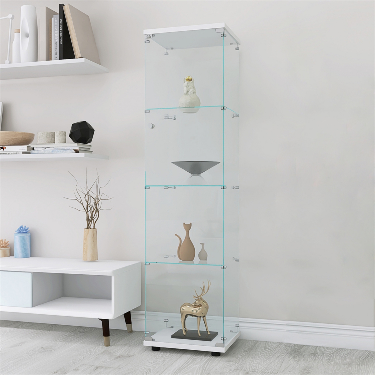 Streamdale Furniture 4 Shelves Glass Cabinet Glass Display Cabinet With One Door, White