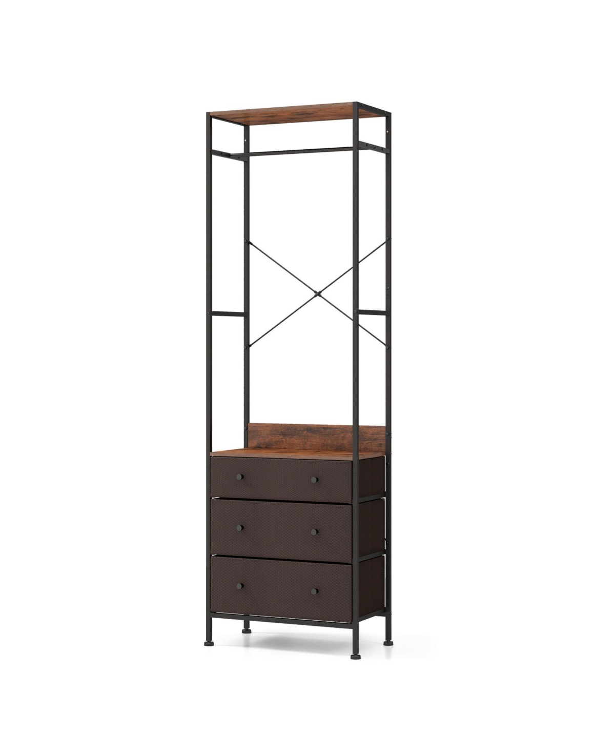 Freestanding Closet Organizer with 3-position Hanging Rod and Storage Shelves - Brown