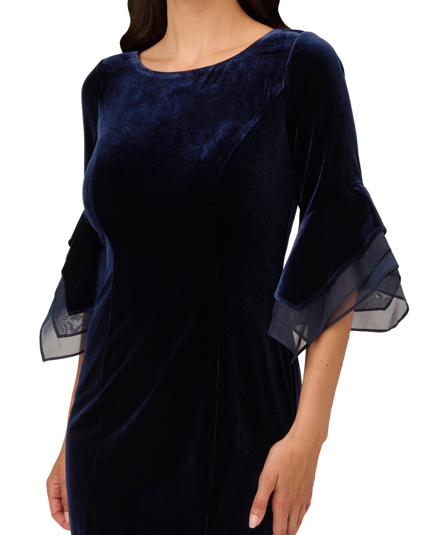 Plus Velvet Bell-Sleeve Mesh-Trim Dress