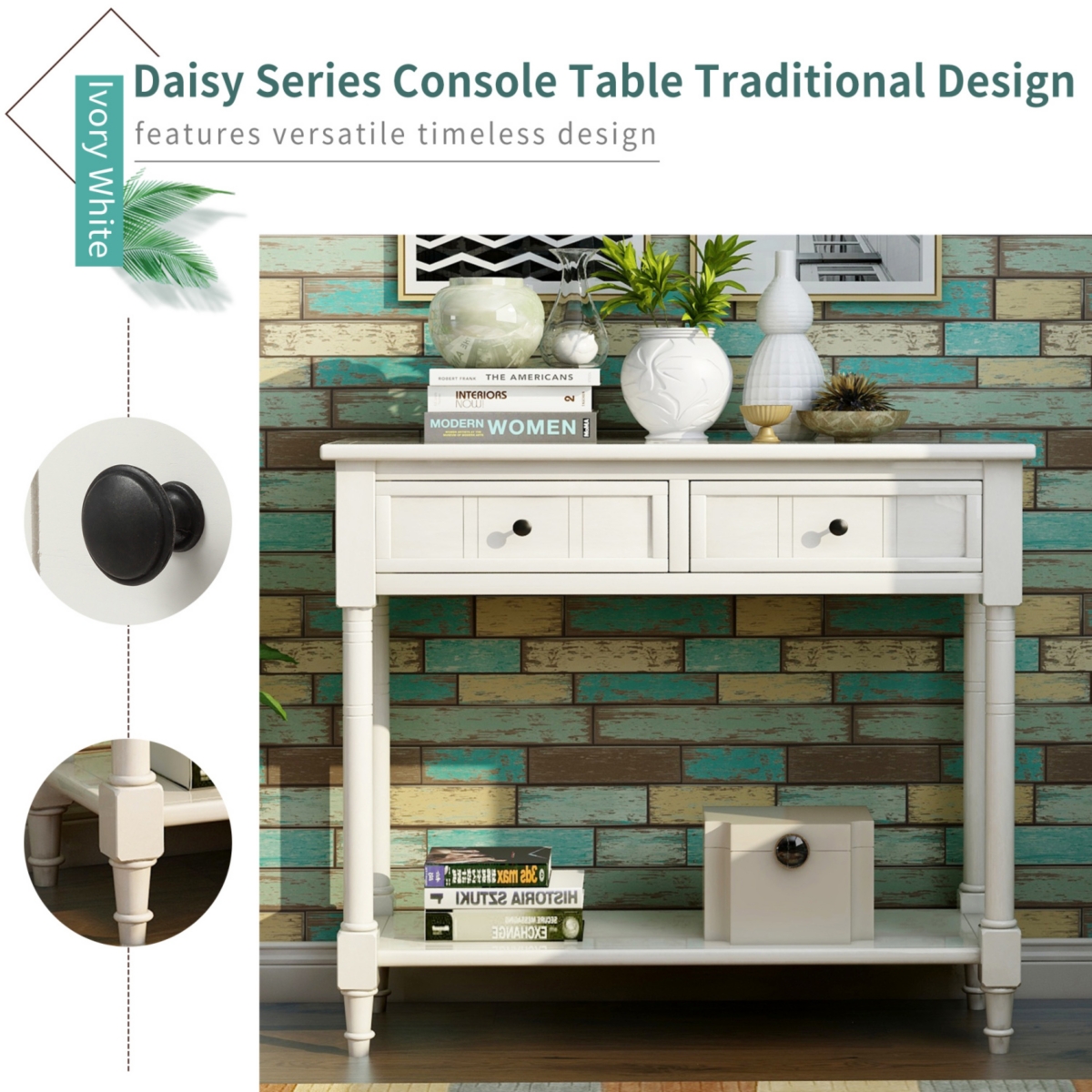 Simplie Fun Daisy Series Console Table Traditional Design With Two Drawers And Bottom Shelf (Ivory)