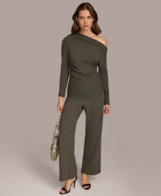 Womens Rib Knit Asymmetric Neck Top Pant