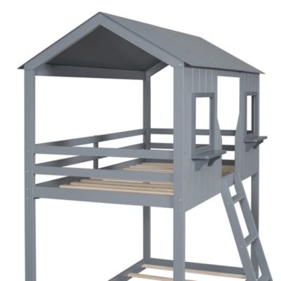 Streamdale Gray Bunk Bed with Roof, Window, and Guardrail