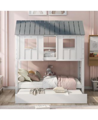 House Bunk Bed With Trundle, Roof And Windows Twin