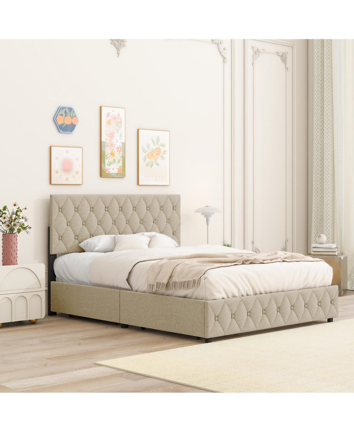 Streamdale Furniture Size Upholstered Platform Bed Frame with 4 Storage Drawers, Adjustable Linen Headboard, Wooden Slats Support, No Box Spring