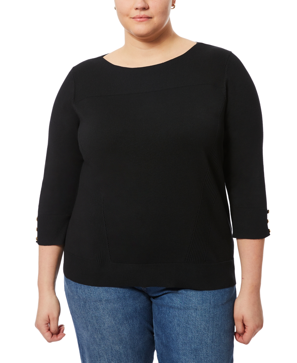 Plus Size Button-Cuff Ribbed Sweater - Jet Black