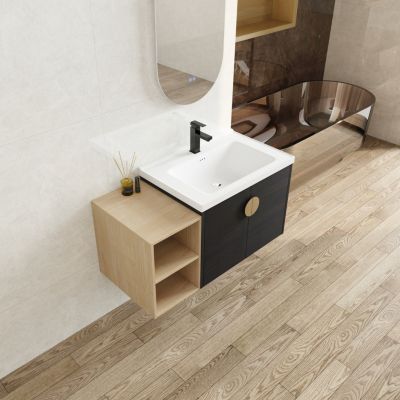 Wall-Mounted Vanity with Soft-Close Doors, Ceramic Basin, and Storage