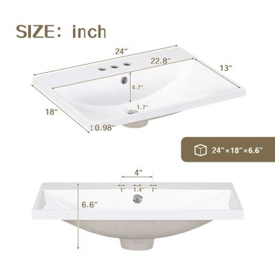 24" Ceramic Vanity Top, White Basin, 3-Faucet Holes