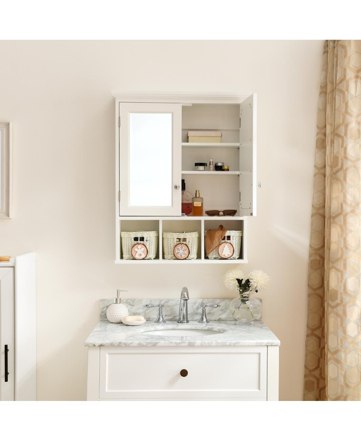 Streamdale FurnitureWood Wall Cabinet with Mirrored Doors & Storage Baskets - White