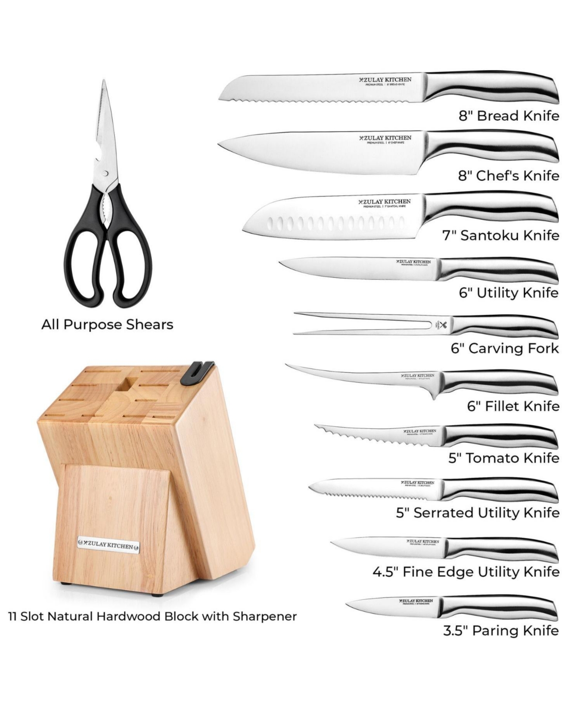 Zulay Kitchen Piece Ultra Sharp Kitchen Knife Set With Block and Sharpener